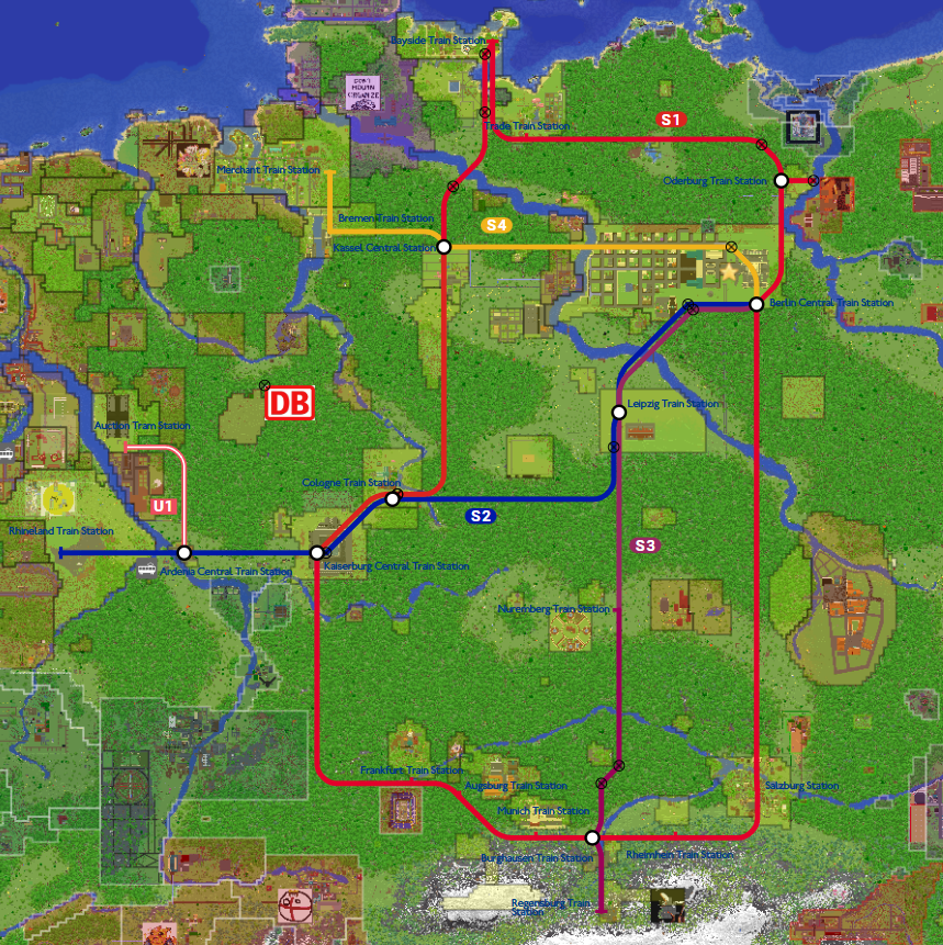 Deutsche Bahn network over a Minecraft world map